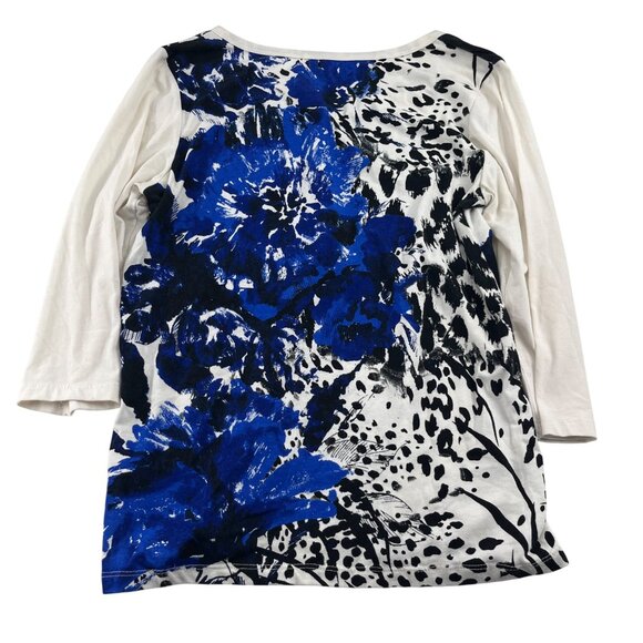Onque Casuals Womens 3/4 Sleeve Top Size S Blue & White Floral Animal Print - Picture 5 of 5